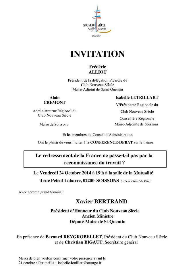 Invitation Délégation Club Nouveau Siecle Picardie 24 oct 2014